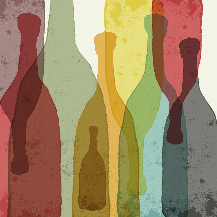 bottles of wine whiskey tequila vodka. watercolor silhouettes.